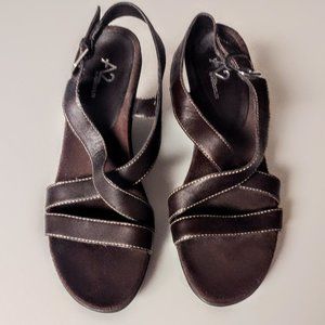 Aerosoles A2 ~ Women 9.5 B Brown Leather Strap Sandal ~ Sculpted Wedge Platform